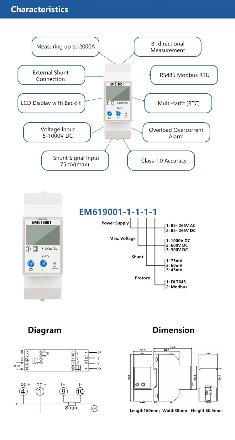 Single Phase RS485 Modbus PV on Grid Bidirectional Smart DC Solar Energy Meter