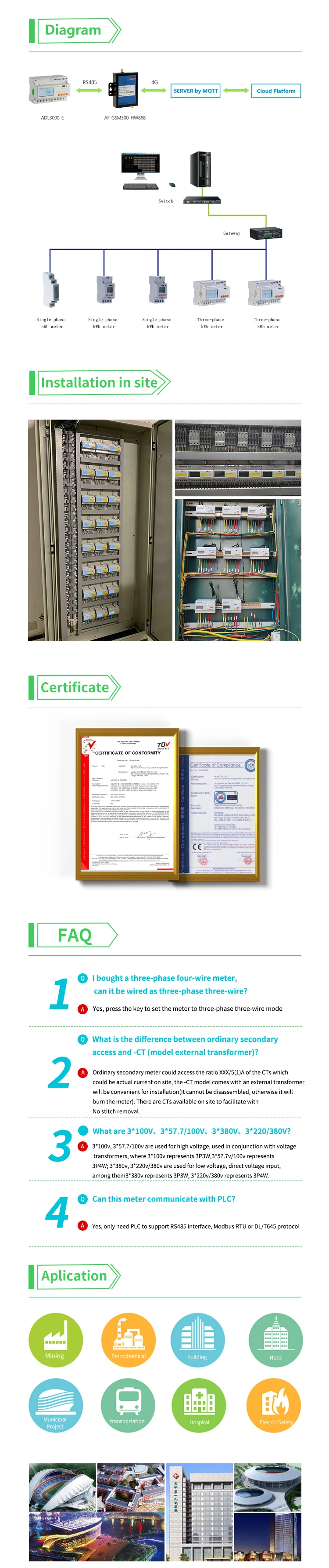 Acrel Adl3000e/C Three Phase DIN Rail Energy Meter with RS485modbus-RTU 80A Directly Connected