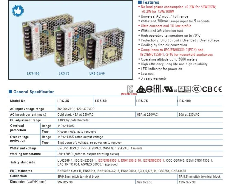 Lrs-100-24 200W 24VDC Regular Industrial Switch Mode Power Supply